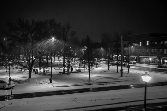 Nighttime snowfall, Village Green, Hamilton, New York  